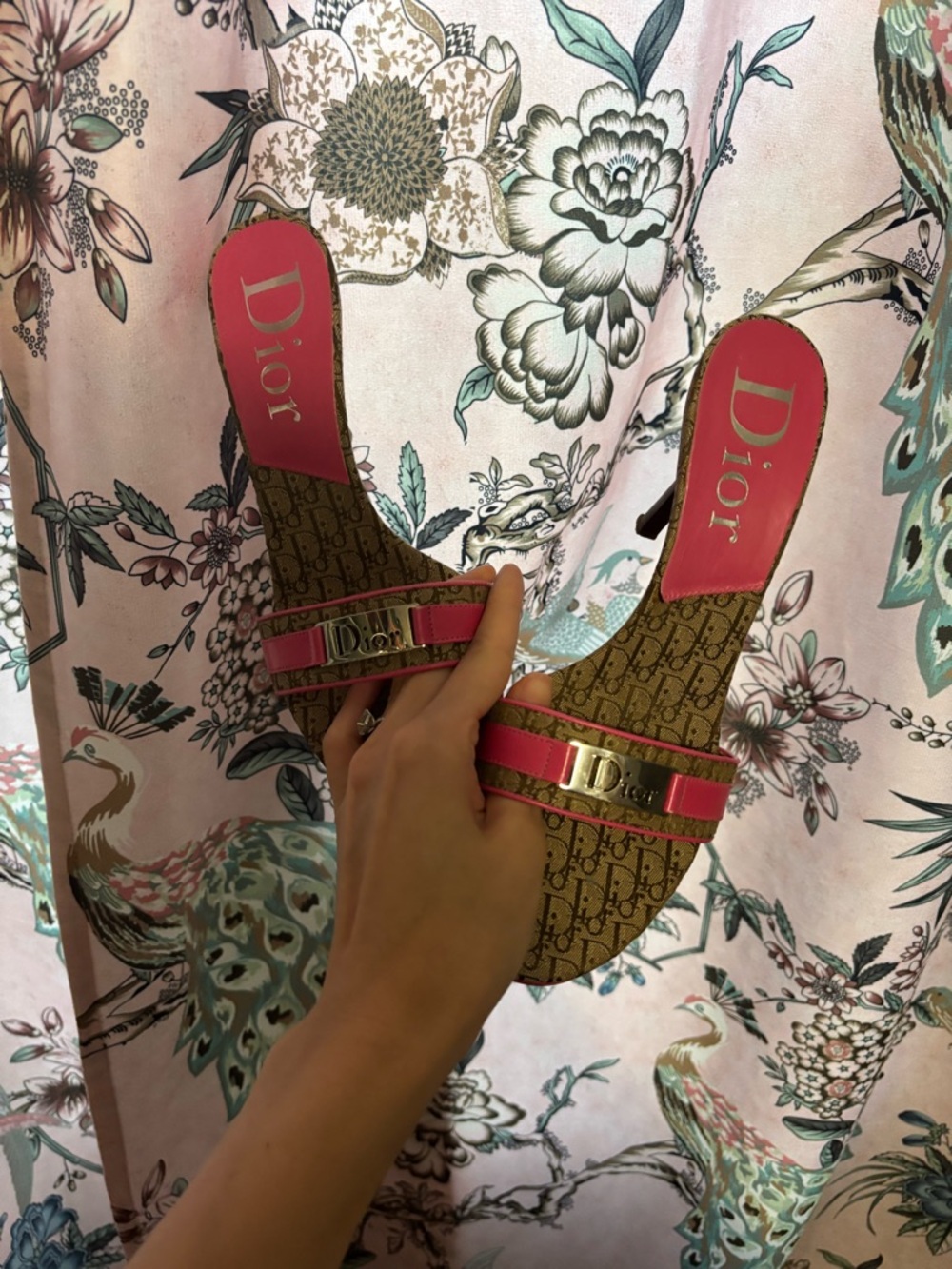 Dior Pink Monogram Slide Sandals with Gold Accent
